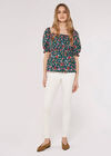 Smocked Ditsy Print Top, Green, large