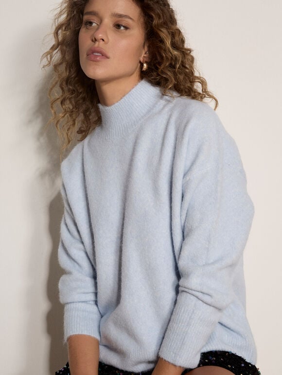 Boucl&eacute; Knit Mock Neck Jumper, Sky Blue, large