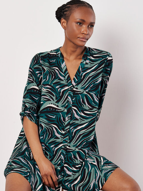Abstract Swirl Shirt Mini Dress, Green, large