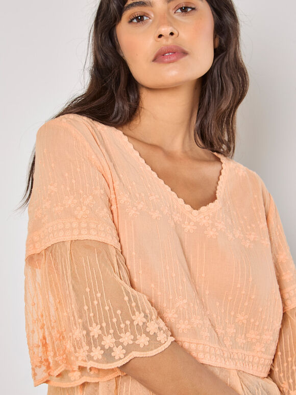 Embroidered Cotton Mesh Blouse, Peach, large