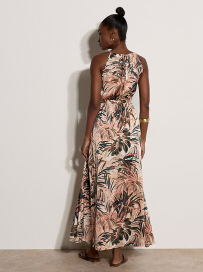 Tropical Leaf Satin Maxi Dress