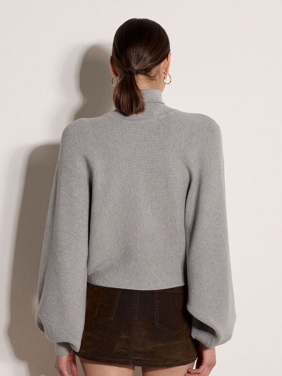 Ribbed Knit Batwing Cape Jumper, Silver, large