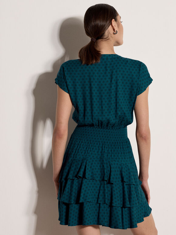 Geo Print Ruffle Mini Dress, Teal, large