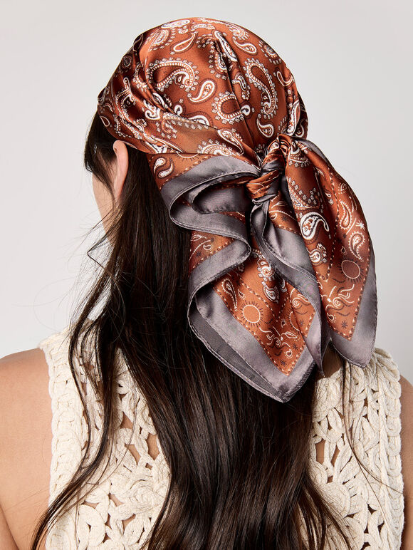 Satin Printed Scarf, Orange, large
