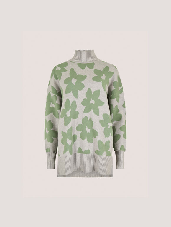 Flower Oversized Mock Neck Jumper, Grey, large