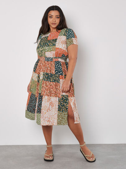 Curve Ditsy Patchwork Print Midi Dress