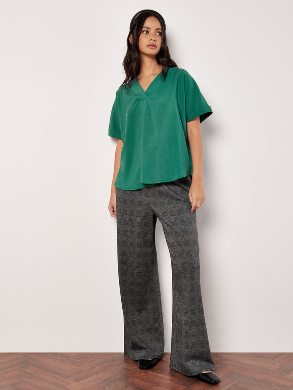 Pleat Detail V-Neck Top, Green, large