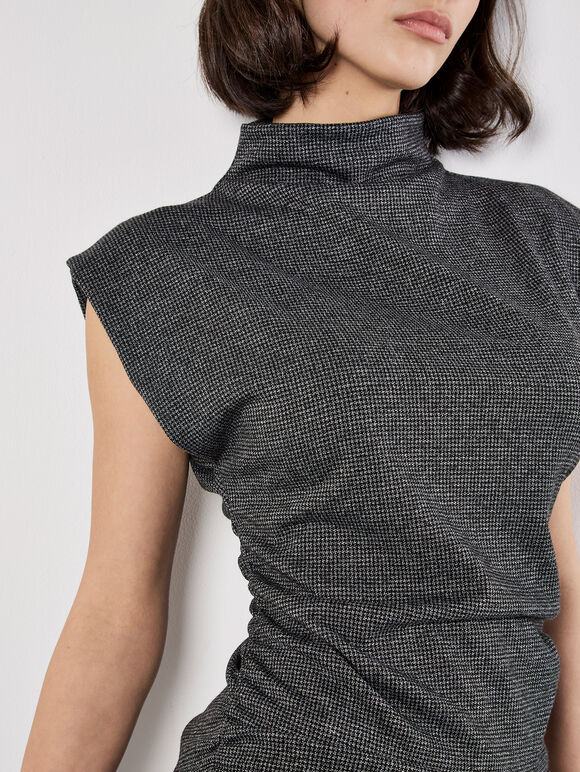 Mini Dogtooth High Neck Ruched Top, Dark Grey - Charcoal, large