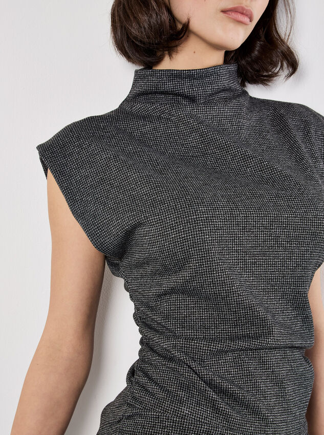 Mini Dogtooth High Neck Ruched Top, Dark Grey - Charcoal, large