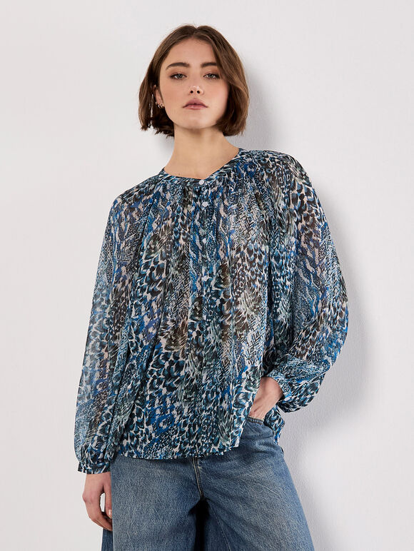 Patchwork Feather Print Chiffon Top, Green, large