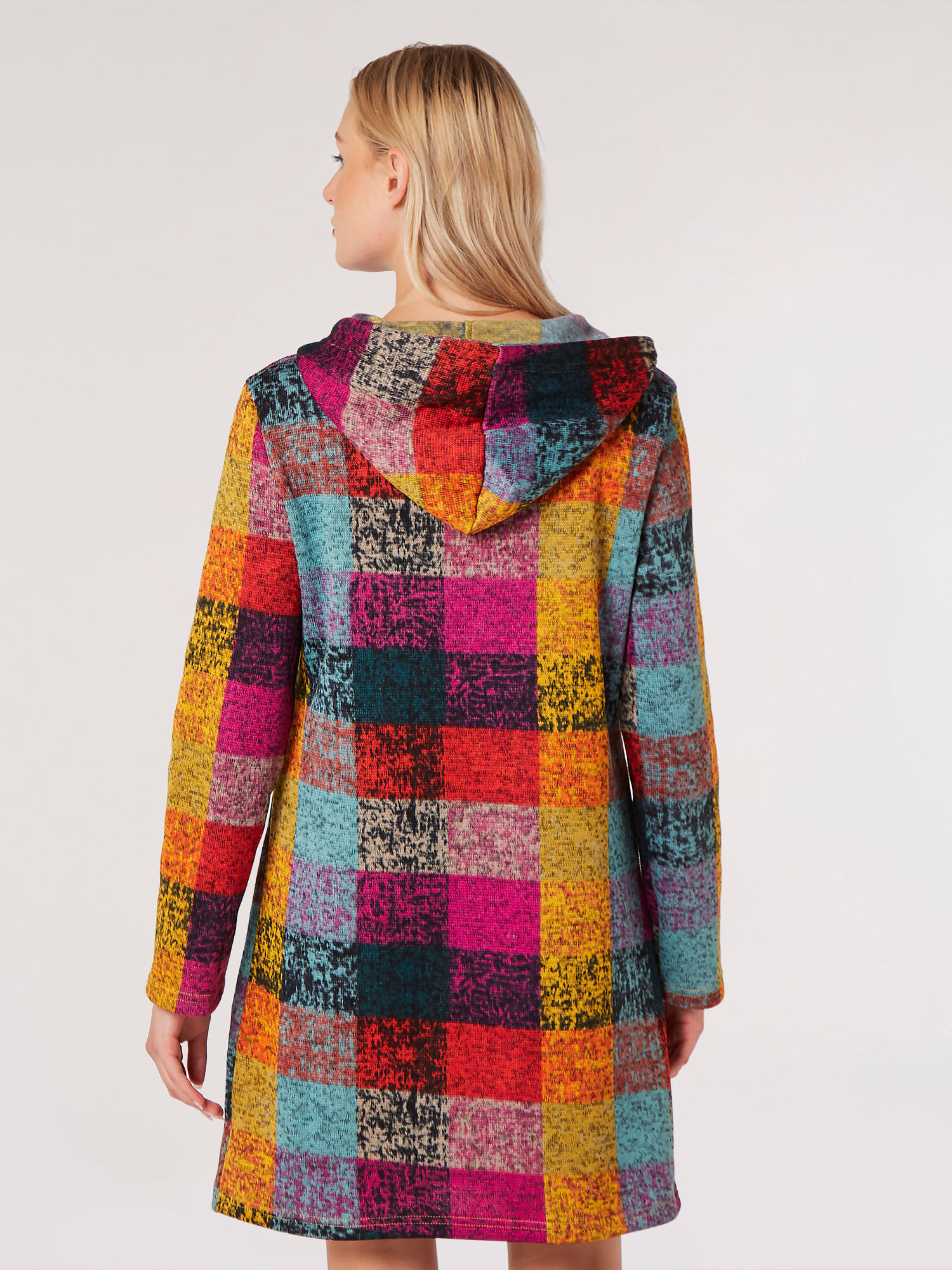 Colourful Check Hooded Coatigan Apricot Clothing