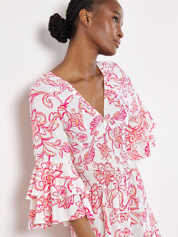 Floral Smocked Ruffle Mini Dress, Pink, large