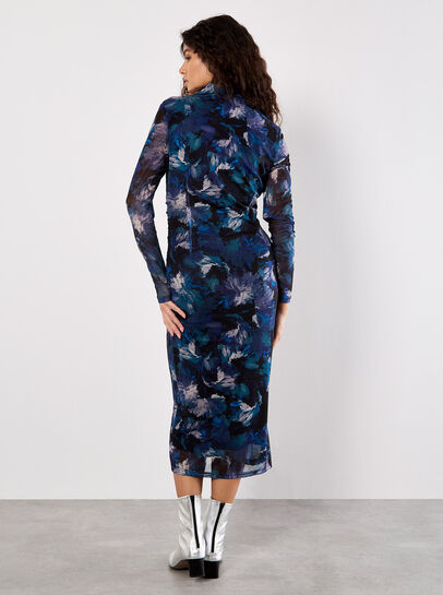 Floral Mesh Ruched Midi Dress