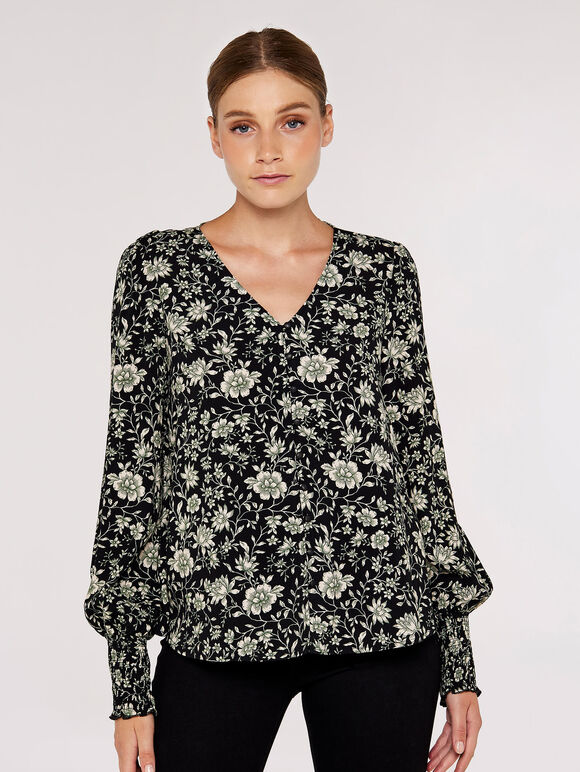 Floral Button Down Top, Black, large