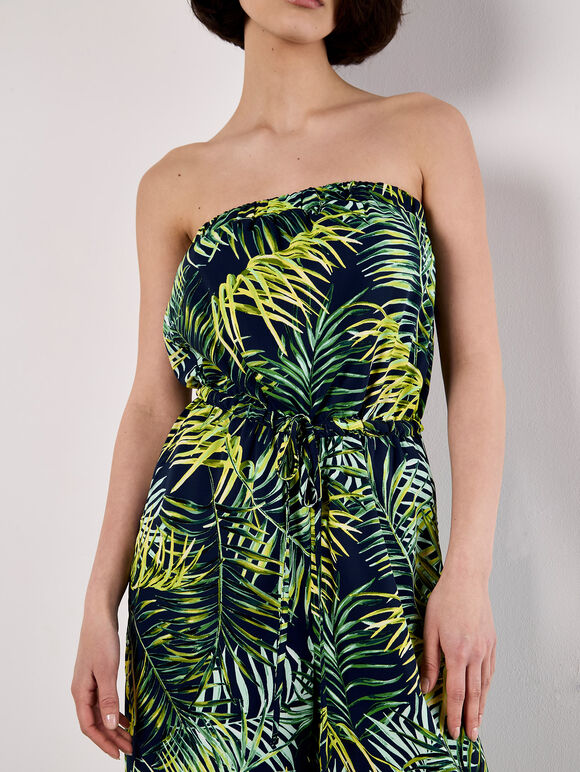 Bandeau Leaf Wide Leg Jumpsuit, Navy, large