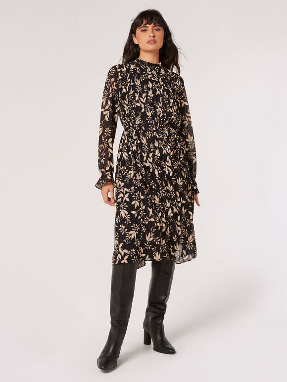 Leaf Pleated Chiffon Midi Dress, Black, large