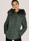 Faux Fur Hood Puffer Jacket, Green, large