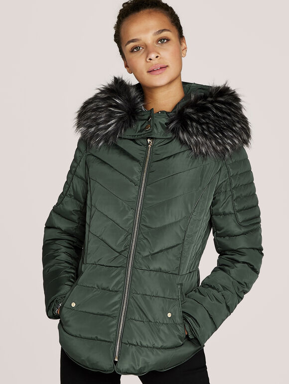 Faux Fur Hood Puffer Jacket, Green, large