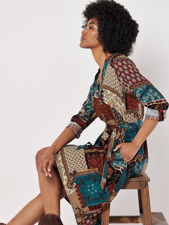 Patchwork Paisley Shirt Mini Dress, Rust, large
