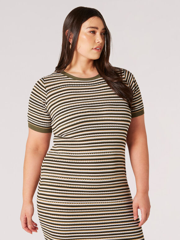 Curve Stripe Knit Midi Dress, Khaki, large