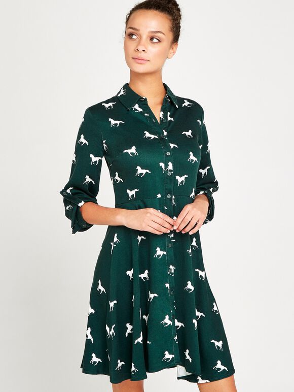 Horse Print Skater Dress, Green, large