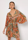 Satin Scarf Print Kaftan Mini Dress, Khaki, large