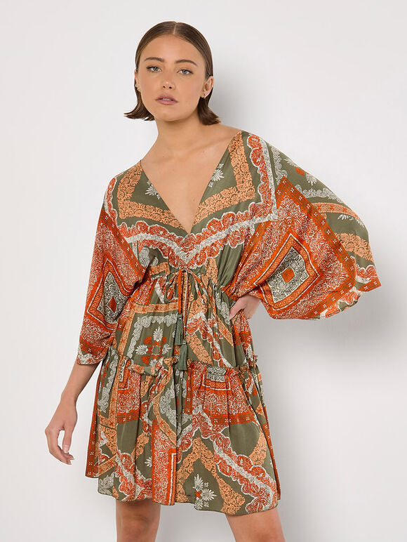 Satin Scarf Print Kaftan Mini Dress, Khaki, large