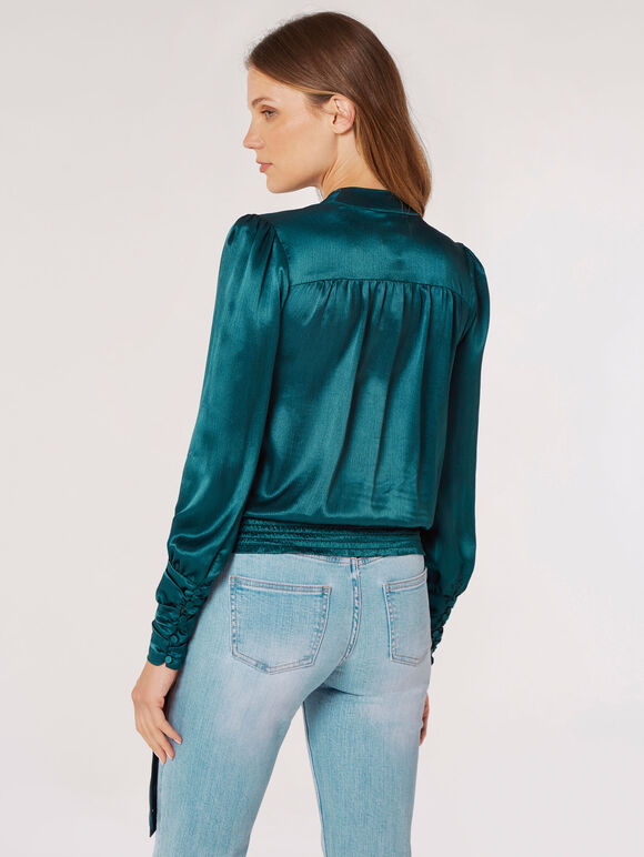 Textured Satin Wrap Top, Teal, large