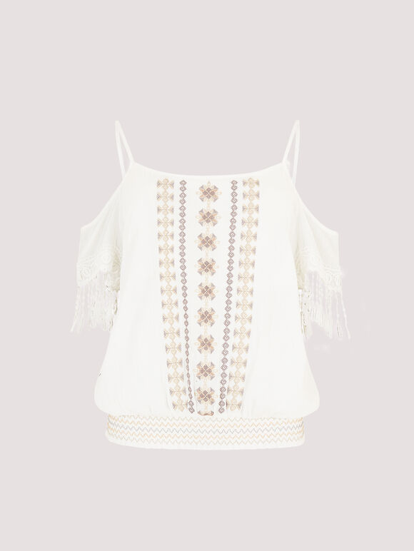 Embroidered Cut-Out Shoulder Top, White, large