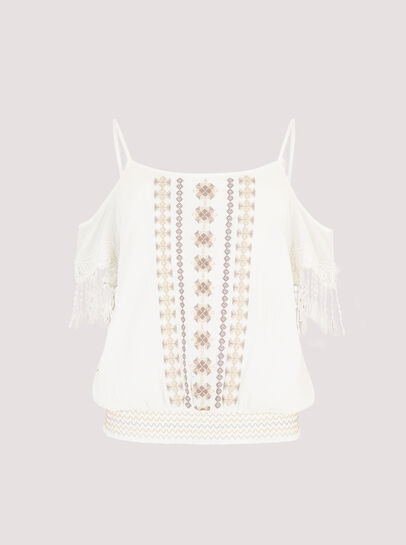 Embroidered Cut-Out Shoulder Top