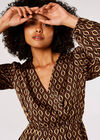Geometric Satin Wrap Mini Dress, Brown, large