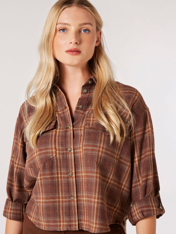 Check Print Cropped Shirt, Brown, large