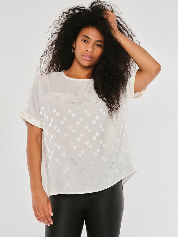 Jacquard Spot Turn Up Slv Top, Cream, large