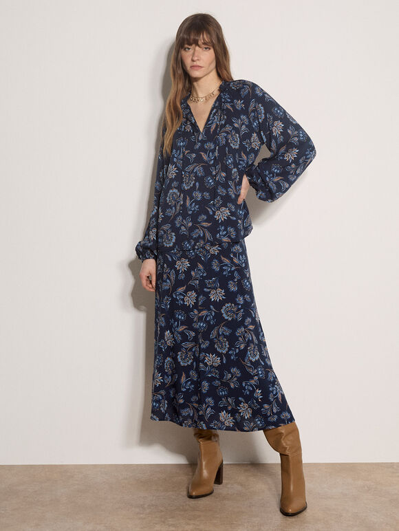 Folk Floral Blouse, Navy, large
