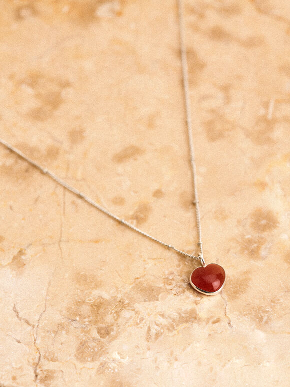 Silver Tone Heart Pendant Necklace, Red, large