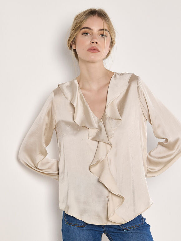 Textured Satin Ruffle Blouse, Cream, large