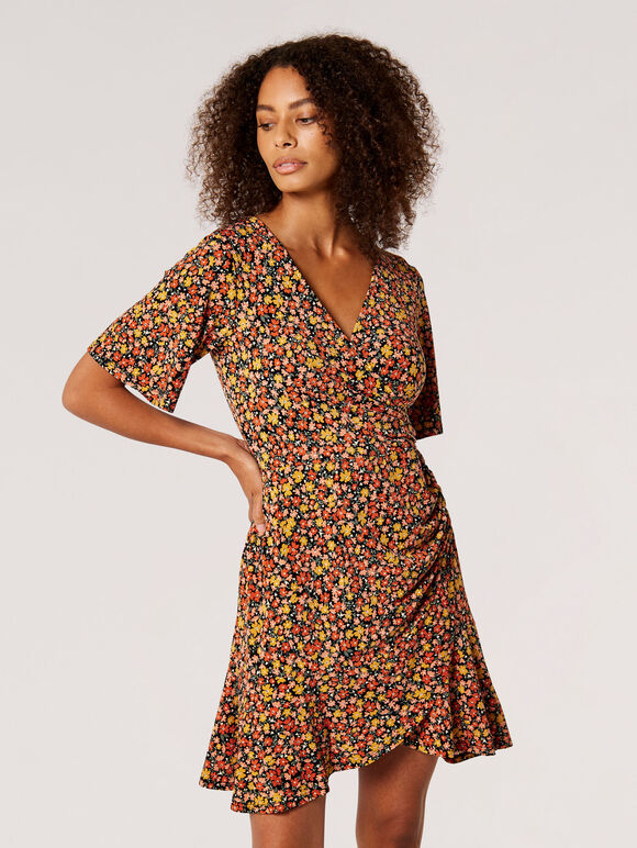 Ditsy Floral Wrap Mini Dress, Mustard, large