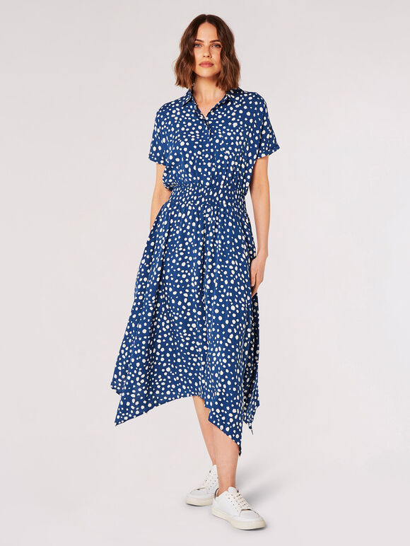 Painterly Dot Smocked Midi Dress, Blue, large