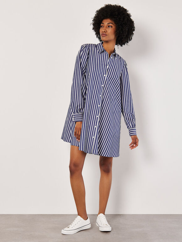 Stripe Shirt Cotton Mini Dress, Navy, large