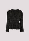 Metallic Spot Plisse Peplum Wrap Top, Black, large