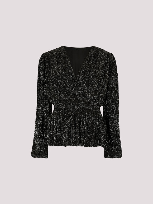 Metallic Spot Plisse Peplum Wrap Top, Black, large