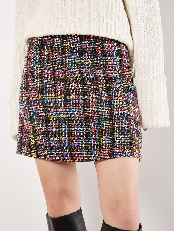 Multicoloured Tweed Mini Skirt, Black, large