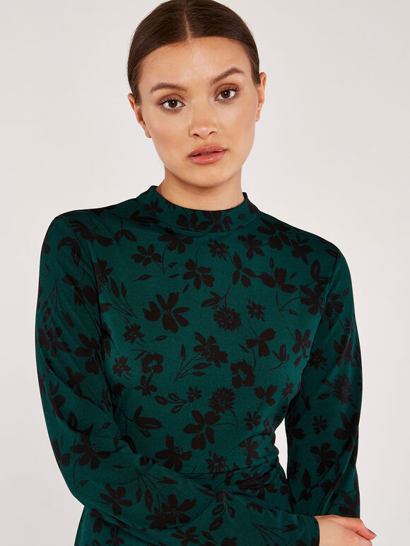 Floral Mock Neck Dress, Green, large