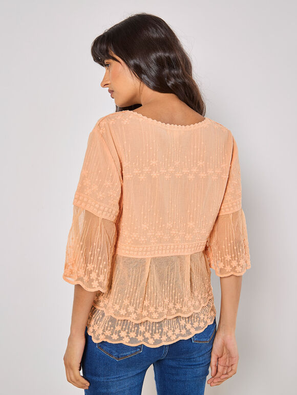 Embroidered Cotton Mesh Blouse, Peach, large