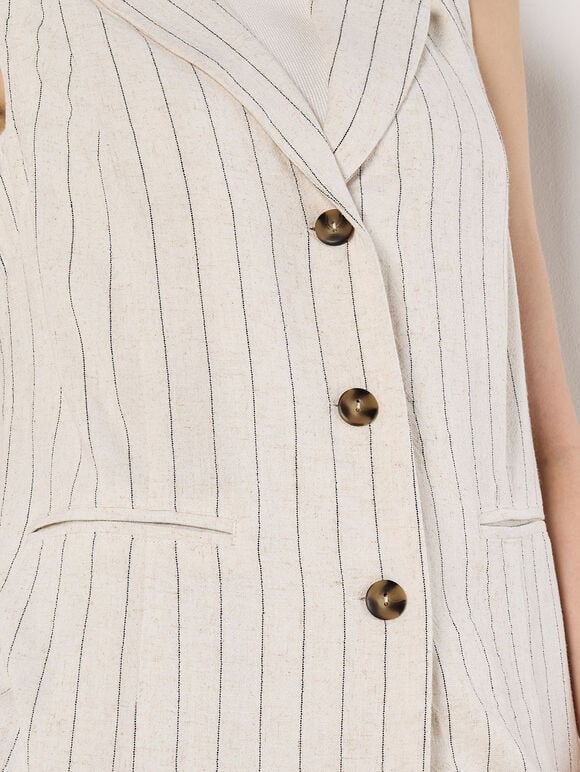 Longline Woven Pinstripe Waistcoat, Stone, large