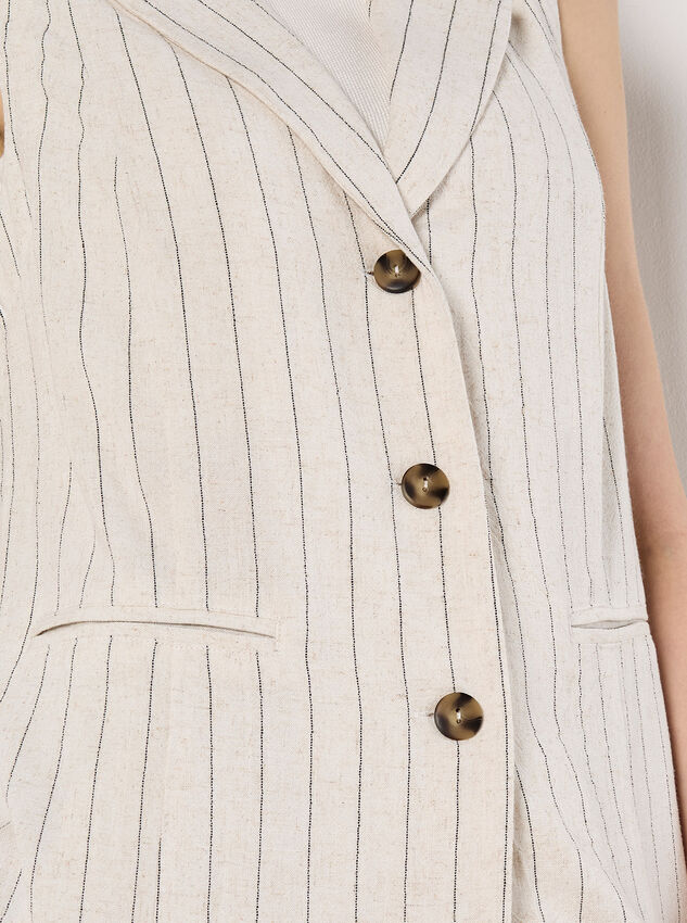 Longline Woven Pinstripe Waistcoat, Stone, large
