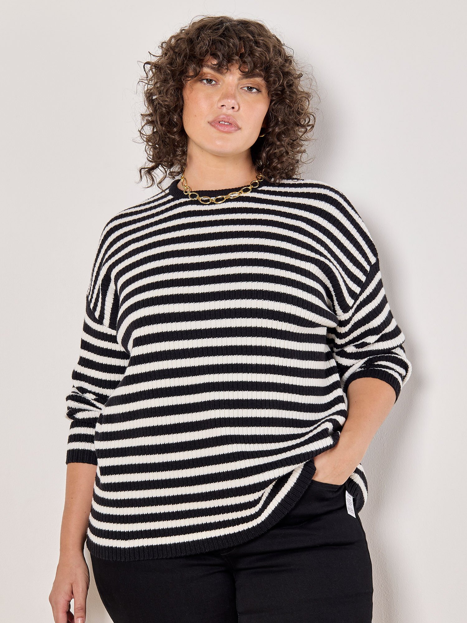 Curve Stripe Heavy Knit Jumper Apricot Clothing