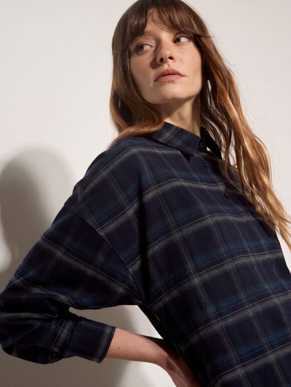 Oversized Check Print Shirt, Navy, large