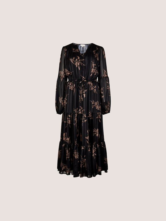 Metallic Shimmer Floral Silhouette Midi Dress, Black, large