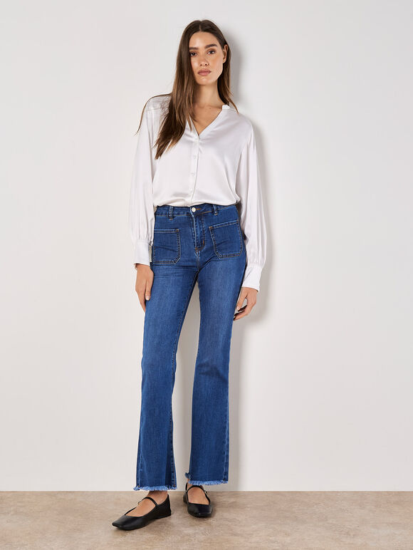 Balloon Sleeve Satin Blouse, White, large